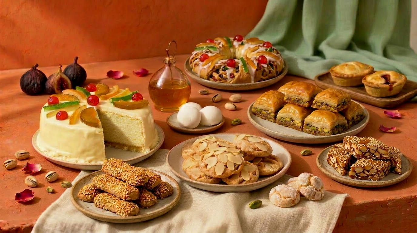 Dolci artigianali del Mediterraneo: cassata, baklava, pasticcini di mandorla