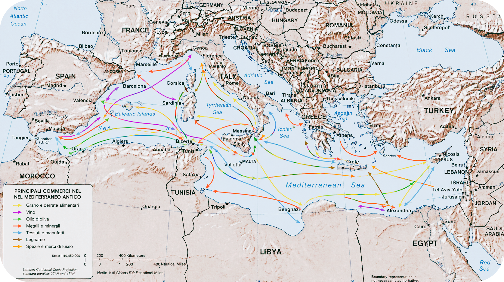 Mappa dei principali commerci nel Mediterraneo antico