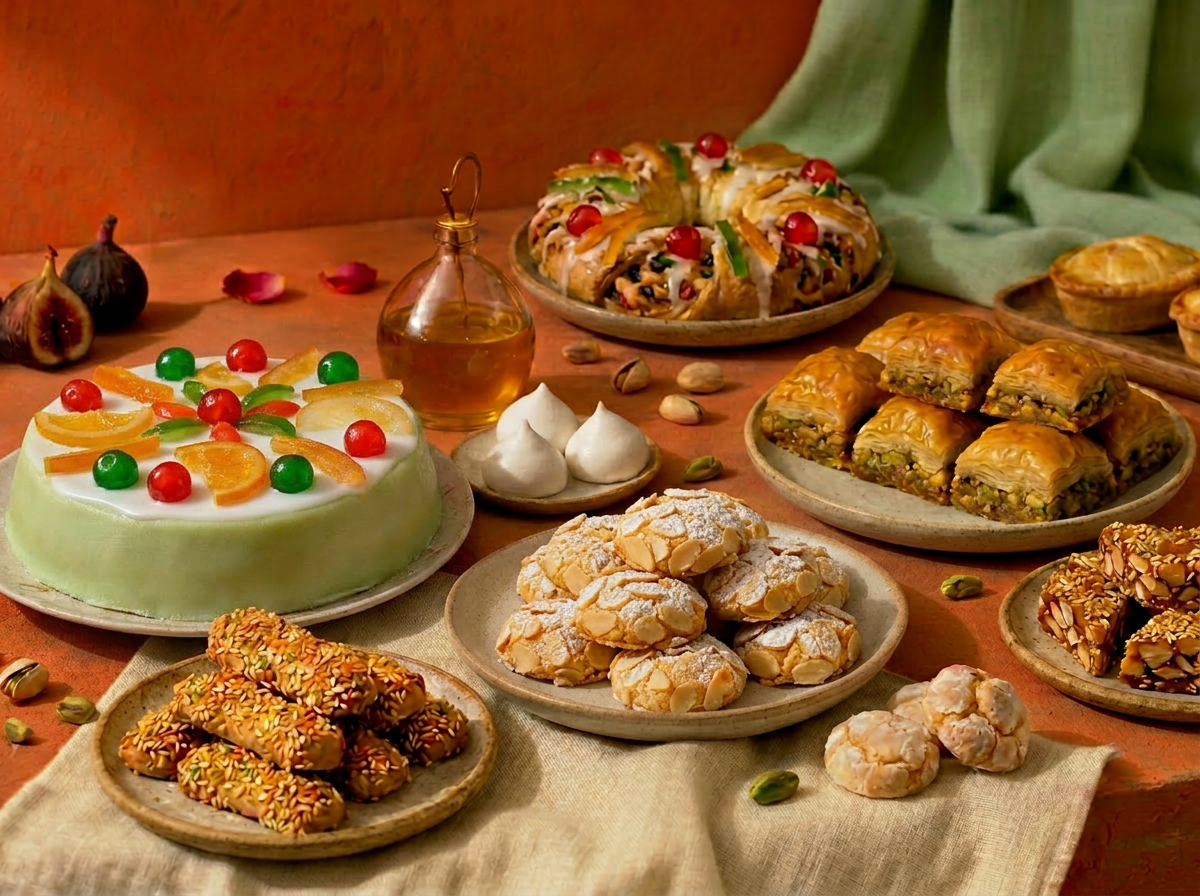 Dolci artigianali del Mediterraneo: cassata, baklava, pasticcini di mandorla